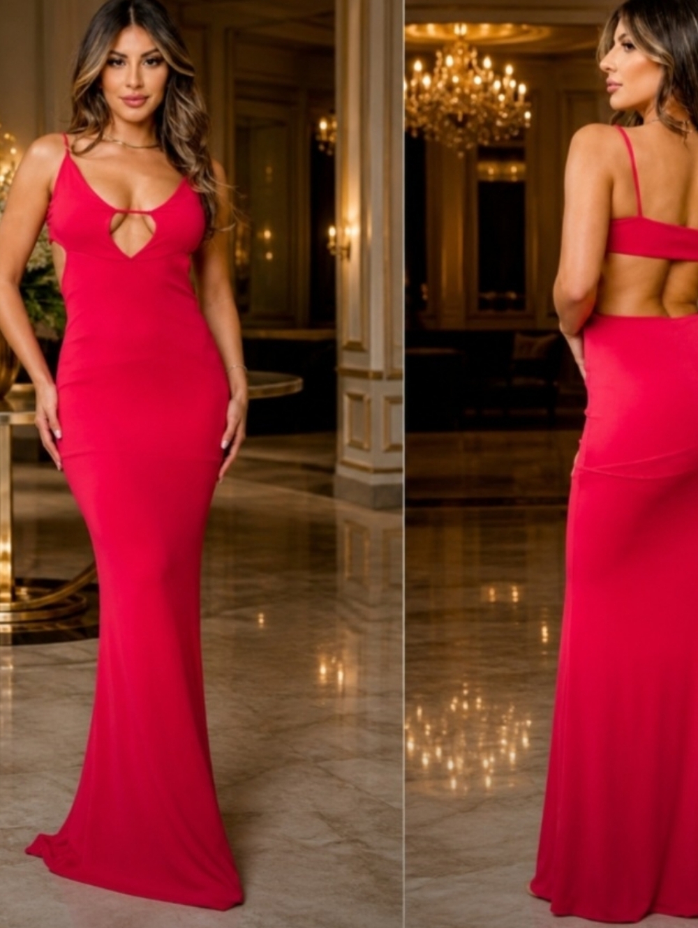 Vntg Harmony In Nature Elegant Red Plunge Cut Out Dress NWT Small